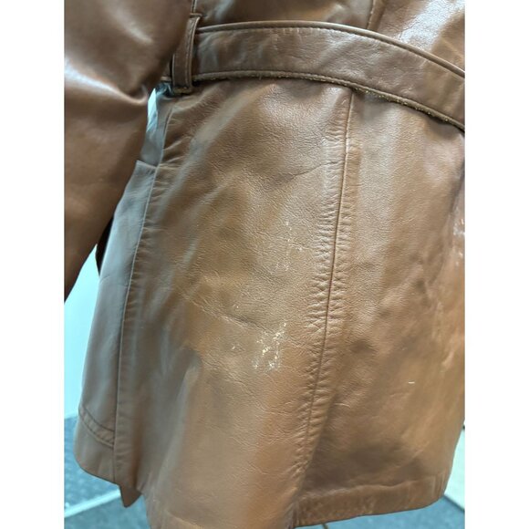 Vintage 1960s Brown Leather Belted Penny Lane Jacket With Faux Fur Collar - Picture 10 of 13